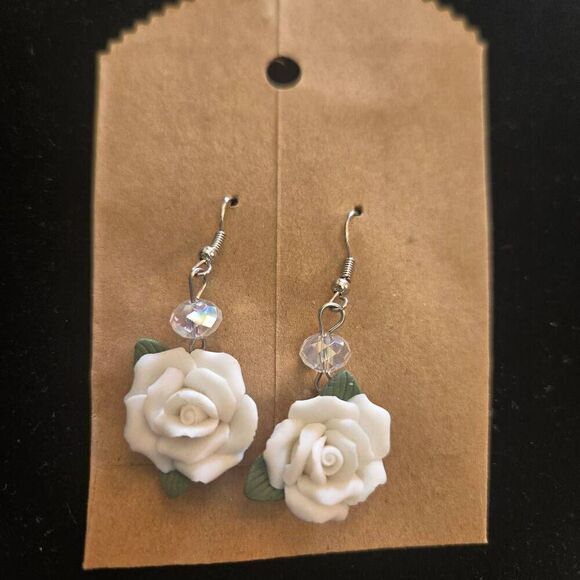 Boutique Jewelry - White Rose Clay Earrings Dangle Drop Bead